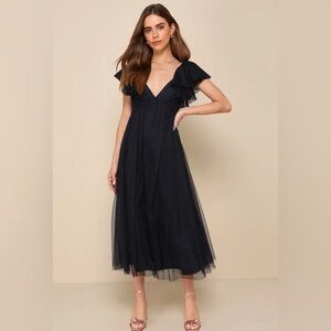 Lulu’s Perfect Invite Midnight Blue Swiss Dot Tie-Back Midi Dress